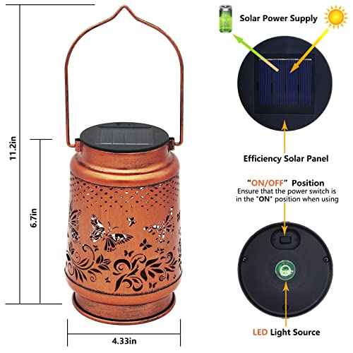 2 Pack Solar Butterfly Lanterns Outdoor Hanging Decor Lantern,Waterproof Hollow Out Retro Metal Decorative Garden Light,Graceful Decoration for Patio,Yard,Landscape,Festival