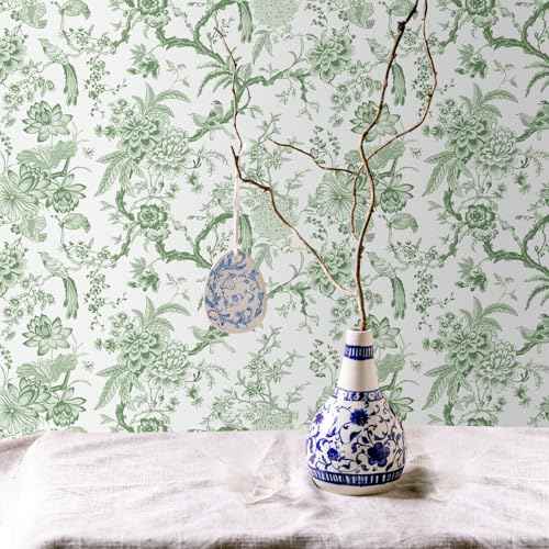 Chinoiserie Peel and Stick Wallpaper Removable Self Adhesive Wallpaper Floral Birds Contact Jacobean Vintage Contact Paper for Bedroom (Green,118.1" X 15.75")