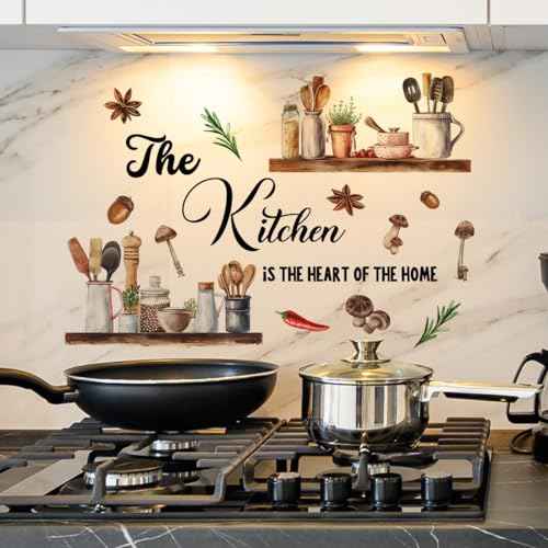 Kitchen Themed Wall Decal 'The Kitchen is The Heart of The Home' Quote with Cooking Elements s Design, Easy Peel & Stick Removable,DIY Wall Sticker Perfect for Kitchen,Living Room and Nursery D?cor
