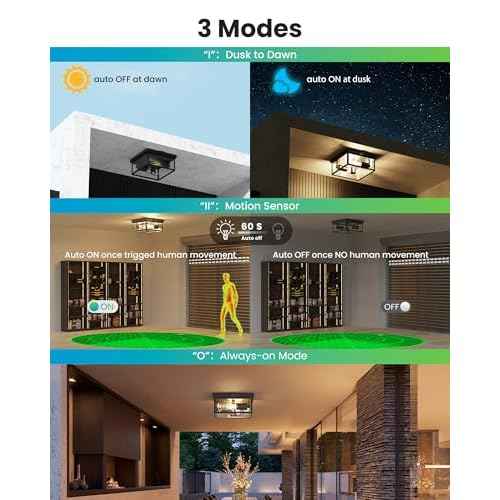 Outdoor Ceiling Light with Motion Sensor, Flush Mount Porch Light, Exterior Light Fixture with Clear Glass, Dusk to Dawn 2-Light Fixture for Patio,Porch (12 in)