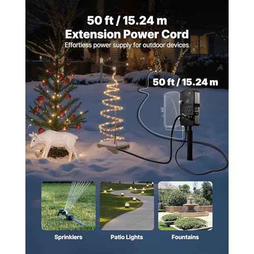 VEVOR Outdoor Power Stake Timer, 50FT Extension Cord, Remote Control Outdoor Power Strip with Cover, Dusk to Dawn Light Timer Waterproof, 6 Outlets for Halloween Christmas Lights, Garden Decorations
