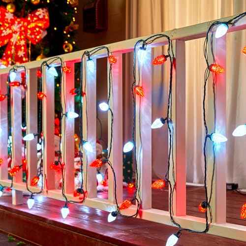 Minetom 50 Pack C9 LED Replacement Strawberry Christmas Light Bulb, Red and Pure White C9 Shatterproof Led Bulb for Christmas String Light, E17 Intermediate Base, Commercial Grade Dimmable Bulbs