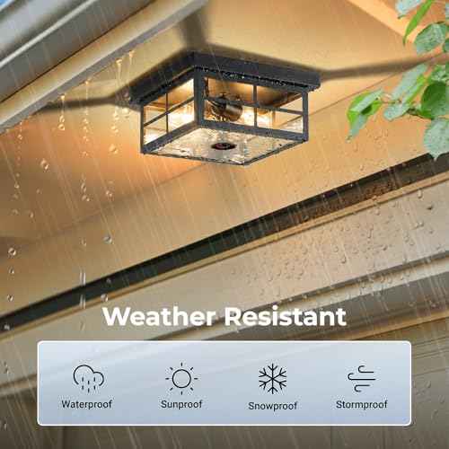 Motion Sensor Outdoor Ceiling Light with Remote, Distance and Time Adjustable Outside Flush Mount Ceiling Light, 5 Modes Porch Lights Outdoor Ceiling for Garage, Porch, Entryway, Black, Square
