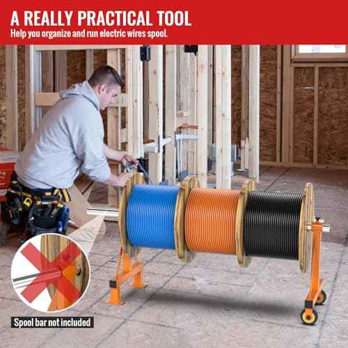Portable Wire Spool Rack Cable Caddy - Steel Dispenser Holder With Wheels for up to 28" Diameter Spools, 220 Lbs Capacity (Orange)