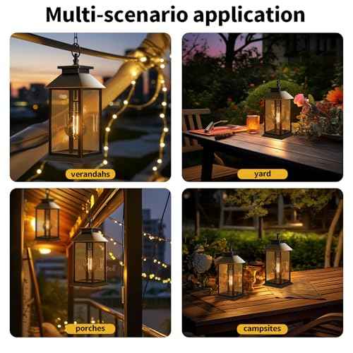 2 Pack Hanging Solar Lanterns Glass Solar Lights Outdoor Waterproof Upgraded Solar and 2 AA Batteries Powered, for Outside Porch, Patio and Indoor Tables, Mantelpiece
