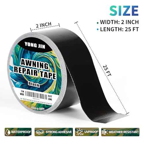 YONGJIN RV Awning Repair Tape, Heavy Duty Outdoor Tent Repair Tape and Tarp Tape, Waterproof Tarp Patch Kit for Camper, Boat Covers, Canvas, Sail, Canopy, and Outdoor Fabric Tear Repair (2 inch)