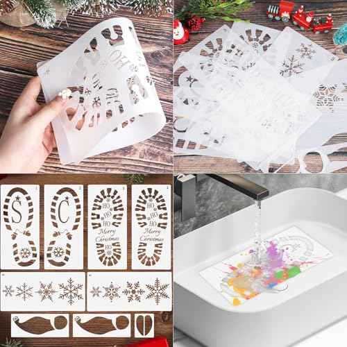 DIYASY 9 Pcs Christmas Santa Footprint Stencils, Reusable Snowflake Stencils for Painting Large Crafts Stencil Elf Foot Print Templates Holiday Xmas Decorations