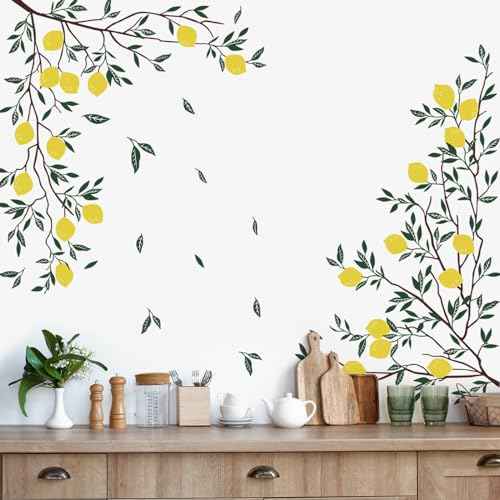 Supzone Lemon Tree Branch Wall Decals Green Leaves Wall Stickers DIY Vinyl Art Stickers for Bedroom Living Room Office Sofa Backdrop TV Decoration