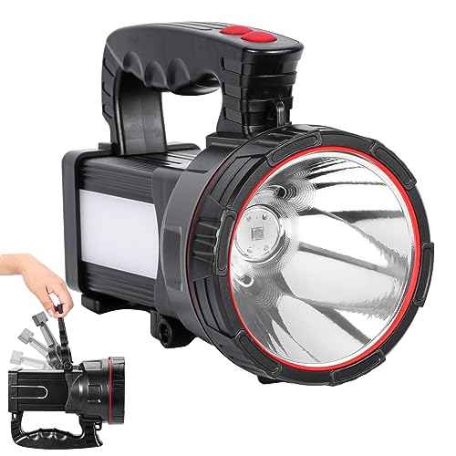 Superbright LED Handheld Searchlight Tactical Waterproof Spotlight High Power Rechargeable Flashlights with Side Light USB Power Charger (White Light)