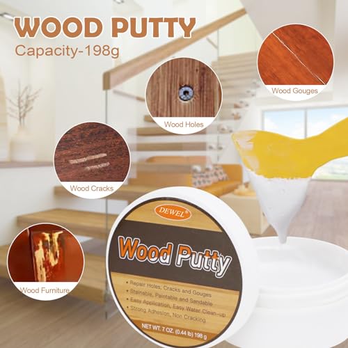 DEWEL Wood Putty Filler, Water-Based Wood Filler White(7oz) for Filling Holes, Cracks, Repairing Furniture Scratches, Damages, with Plastic Scraper and Sandpaper