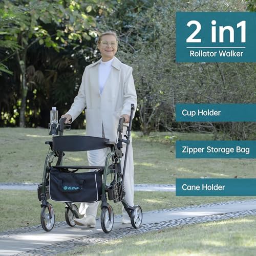 ELENKER 2 in 1 Rollator Walker & Transport Chair for Seniors, Folding Rolling Walker Wheelchair Combo with Wide Seat and Shock Absorber, Green