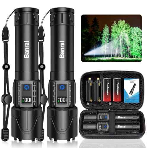 Banral Rechargeable Tactical Flashlights High Lumens - 5000mAh Super Bright LED Powerful Flash Light, Waterproof Handheld USB C Flashlight for Home,Car,Camping,Emergencies,5 Modes,Zoomable (2, Black)