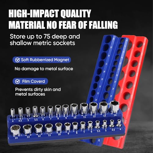 6PCS Magnetic Socket Organizer Set, SAE & Metric Magnetic Socket Holder, 1/4"", 3/8"", 1/2"" Magnetic Socket Trays, 141 Pieces Deep & Shallow Sockets Organizer., Blue&red, HIP-010
