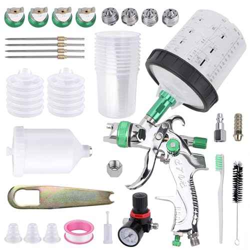 HVLP Spray Gun With 10Pcs 600ML Disposable Paint Cups, Automotive Gravity Feed Spray Gun Kit With 4 Nozzles,1.4/1.7/2.0/2.5mm, Sprayer Gun with Air Compressor Regulator for Auto Paint (Green)