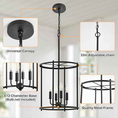 Luvkczc 4-Light Black Chandelier, Industrial Black Lantern Ceiling Light Fixtures with Rustic Metal Cage Adjustable Height Farmhouse Geometric Hanging Light for Kitchen Island, Dining Room, Entryway