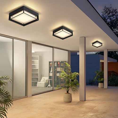 Square Flush Mount Outdoor LED Ceiling Light Fixture, 120V 24W 3000K 9 inch Medium Overhead Porch & Patio Lights Ceiling Mounted, Waterproof Suitable for Wet Areas, Black