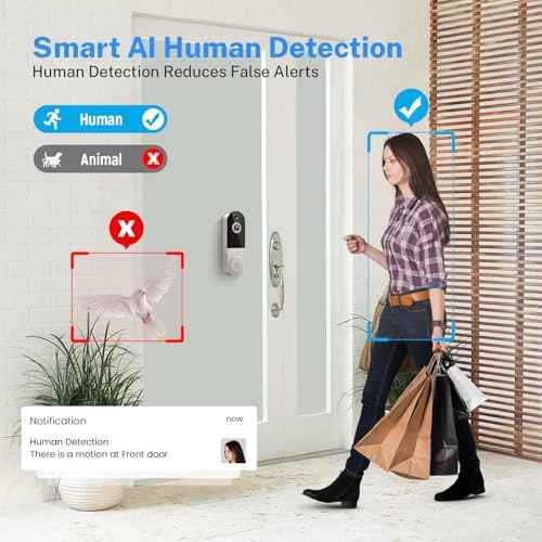 1080P Smart Wireless Video Doorbell Camera, AI Human Detection, 2.4G WiFi, Two-Way Talk, Battery Powered, Night Vision, Real-Time Alerts, Weather-Resistant, Cloud Storage (Linen)