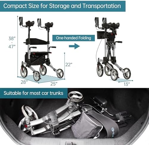 ELENKER Upright Walker, Stand Up Folding Rollator Walker with 10” Front Wheels Backrest Seat and Padded Armrests for Seniors and Adults, Silver