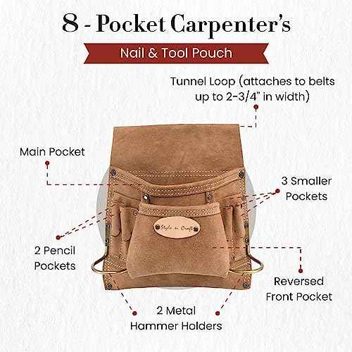 Style n Craft 8-Pocket Carpenter¡¯s Nail and Tool Pouch, Heavy-Duty Suede Leather Tool Pouch, Dark Tan (88823)