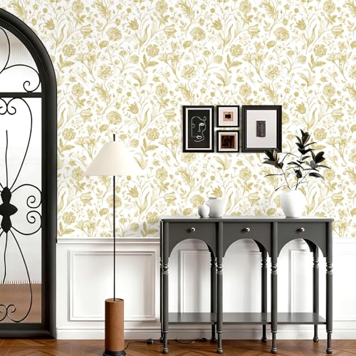 Floral Peel and Stick Wallpaper White and Gold Contact Paper 16.9inch x 118.1inch Boho Wall Paper Peel and Stick Flower Self Adhesive Wallpaper Removable Gold Floral Furniture Decorative Vinyl