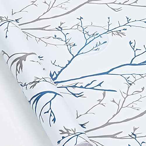 WENMER Grey Blue Tree Branches Contact Paper 17.71' x 118' Peel and Stick Self-Adhesive Removable Wallpaper for Bedroom Living Room Walls