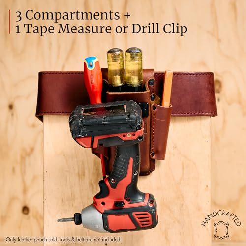 FESA Small Leather Tool Pouch - 4-in-1 Heavy Top Grain Leather Small Tool Pouch with a Tape Measure Holder, 3 Pockets & Reinforced Heavy Duty Rivets - Fits Belts up to 3" - Handcrafted