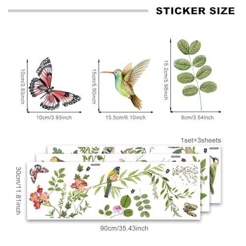 Tree Wall Stickers Branch Bird Wall Decals Green Leaves Flowers Birds Wall Stickers DIY Peel and Stick Waterproof Wall Murals Decor for Living Room Nursery Bedroom (Retro Tree)
