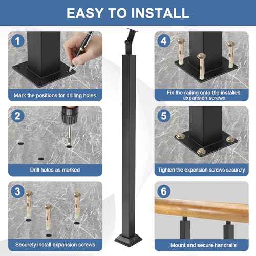 Yolanda 4pcs Black Railing Post Kit, Metal Stair Post, Indoor Outdoor Metal Deck Railing Sprindles, 270¡Æ Adjustable for Porch, Concrete, Wooden Steps (33.46IN)