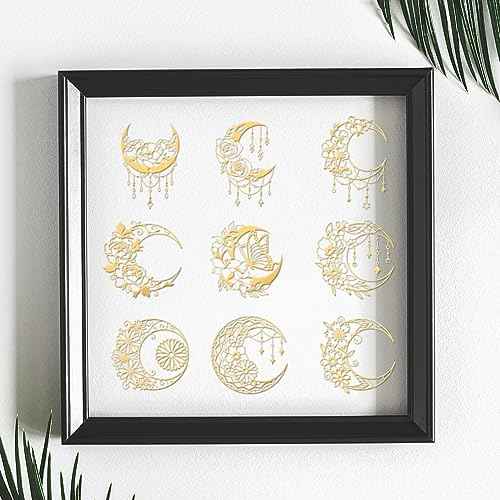 OLYCRAFT 9pcs 1.6x1.6 Inch Gold Metal Stickers Moon Butterfly Metal Stickers Self Adhesive Golden Sticker Mandala Flower Decals for Scrapbooks DIY Resin Crafts Phone Water Bottle Decor