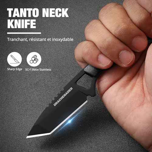 Neck Knife, Tanto Small Fixed Blade Knife 5cr13mov Stainless Steel Neck Knife with Sheath and Necklace Plactic Mini Small Edc Knife for Men and Women, Full Black