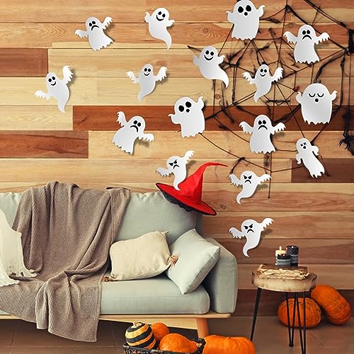 3D Halloween Ghost Stickers - 42 Pcs Reusable Self-Adhesive White Decals for Wall Decorations - Party Supplies for Gothic Home Window Door Room Decor