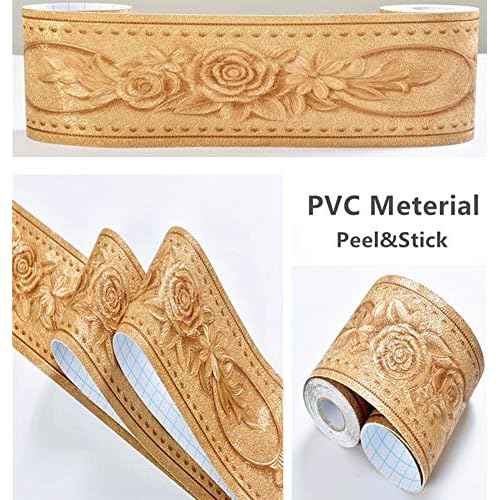 REDODECO 3D Flower Pattern Molding Peel Stick Wall Border for Home Decor Bathroom Kitchen,4 inch by 16.4 feet(Gold)
