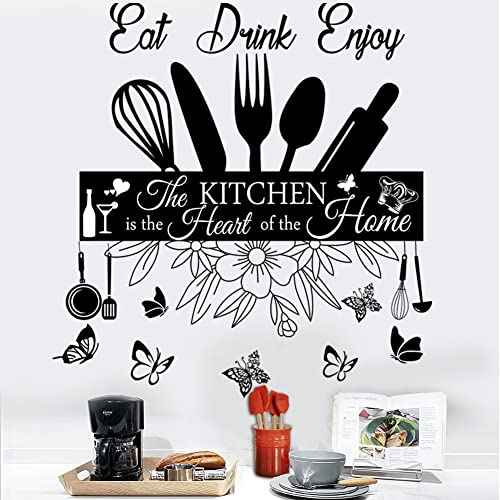 Wall Stickers - The Kitchen Is the Heart of Home Sign Decor, Eat Drink Enjoy Quotes, Removable DIY Vinyl Art for Living Room, Dining Room