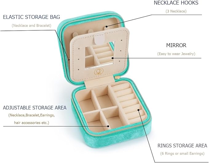 Plush Velvet Jewelry Travel Case,Small Jewelry Box,Traveling Jewelry Organizer, Portable Jewellery Storage Holder for Rings Earrings Necklace Bracelet, for Girls Women | CyanBlue-With Mirror