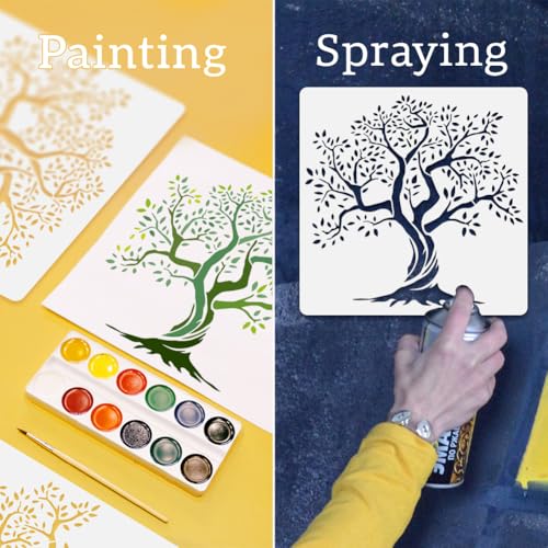 Tree of Life Wall Stencil Template 11.8 x 11.8 Inch Reusable Plastic Tree Stencil for Painting on Wood Wall Floor Fabric Glass Furniture, Tree DIY Home Decor Or Craft Stencil