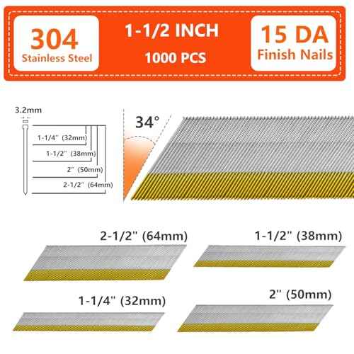 15 Gauge 304 Stainless Steel DA Angled Finish Nails, 34-Degree 1-1/2 Inch 1000-Pack for Pneumatic, Electric Angled Finish Nailer