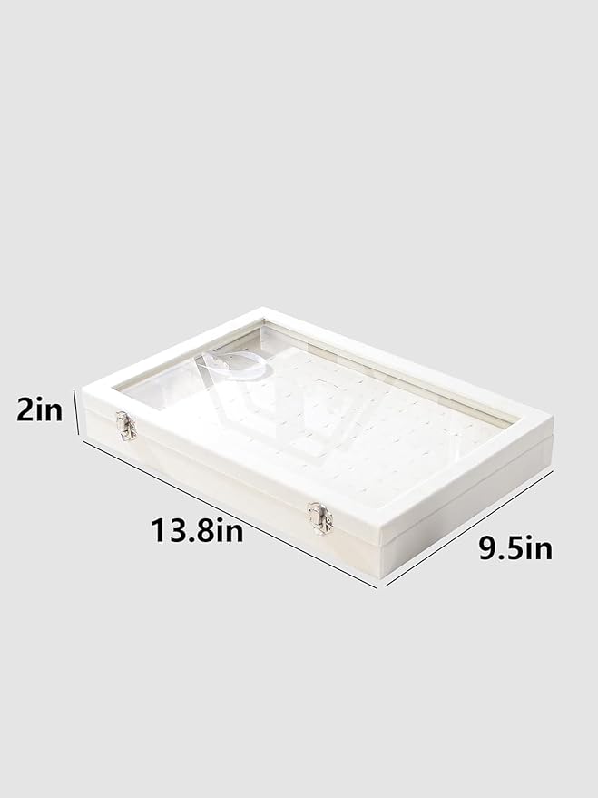 Ring Holder Organizer Box, Jewelry Display Case, Earring Necklace Storage Tray With Top Glass Lid (Beige, 100 Slots)