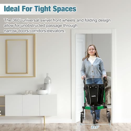 3 Wheel Rollator Walker, Walkers for Seniors, Rollator Walker Lightweight Foldable, with Tray and Large Storage Bag, 10 Inch Front Wheel for All Terrain, Green