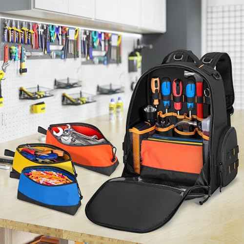 Tool Bag Backpack with 3 Tool Zipper Pouch, Tool Organizer Bag for Men with Padded Support, Tactical Tool Storage Work Bag for Repairman, Electrician, Handyman, Black (Patented Design)