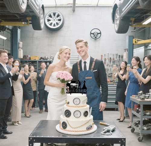 Funny Car Repairman Wedding Cake Topper - Car Couple with The Repairman Couple Cake Topper, Mr&Mrs Wedding Cake Decor (Repairman)