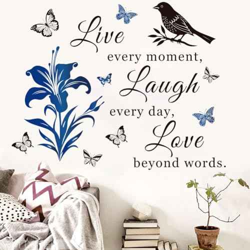 Motivational Wall Decal Quote Live Every Moment Laugh Every Day Love Beyond Words Wall Decals Family Inspirational Wall Stickers for Bedroom Living Room Window Decor Home Decor.(Blue)