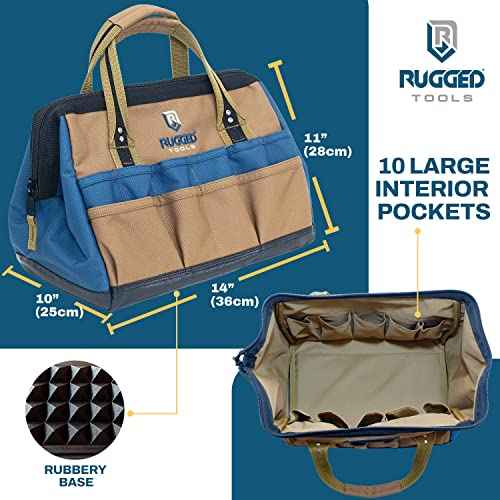 Rugged Tools Field 14" Wide-Mouth Tool Bag - Soft Sided Canvas Tool Bag For Plumbers, Electricians, Carpenters, and Handymen