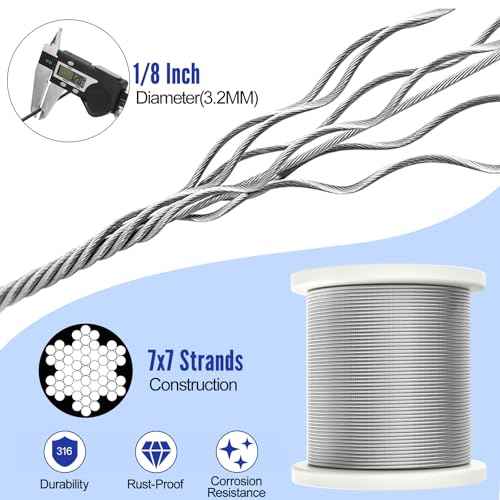 BLIKA 500FT 1/8" Stainless Steel Cable with Cutter, T316 Marine Grade, Stainless Steel Wire Rope 7x7 Strand Construction, 1850lbs Breaking Strength Aircraft Cable for Deck Cable Railing, Silver