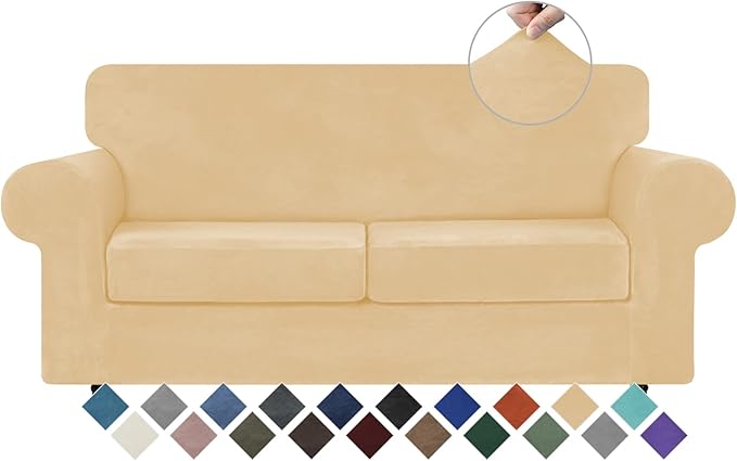 WEERRW Velvet Couch Covers for 2 Cushion Couch Sofa - High Stretch Luxury Velvet Plush 3 Pieces Sofa Slipcovers with Elastic Bottom, Furniture Protector for Pets, Machine Washable, Champagne, Medium