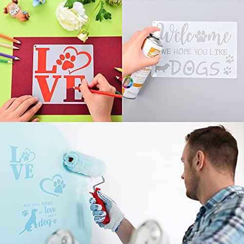 Outus 11 Pieces Dog Paw Print Stencils Trail of Paw Prints Stencil Love Dog Reusable Painting Templates with Metal Open Ring for DIY Scrapbooks Painting on Wood Wall Home Supplies