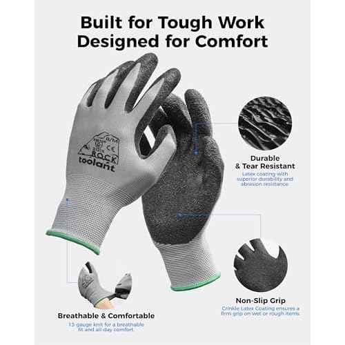toolant Crinkle Latex Work Gloves Bulk, Rubber Coated Safety Work Gloves for Men and Women, 12 Pairs for Construction, Gardening, Warehouse (Gray, Large)
