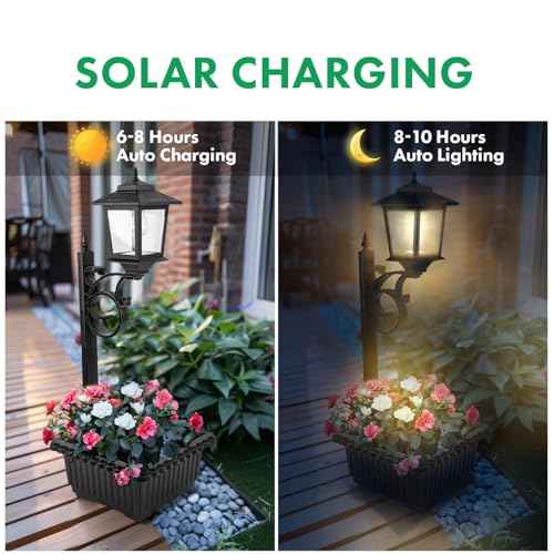 2 Pack Solar Lamp Post Light with Planter, 2 in 1 Outdoor Flower Pots, 3000K Solar Lamps Outdoor Waterproof, Wall Mount or Freestanding for Garden, Patio, Yard, Front Porch(Flowers not Included)