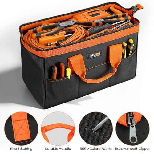 Wide Mouth Tool Bag, Heavy Duty Tool Bags for Men, 12-Pocket Portable Empty Tool Box Organizer Storage for Mechanic, Electrician, 17.3 inch, 600D Oxford, Orange