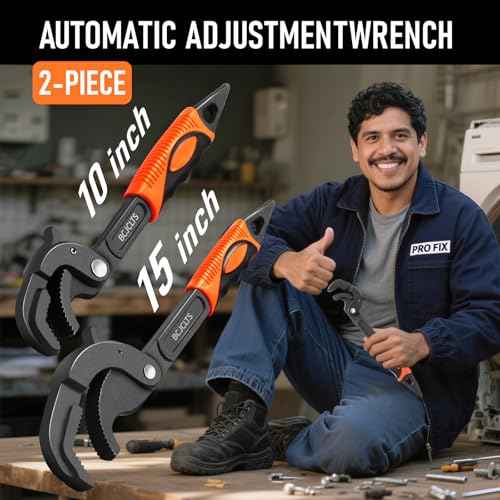 Pipe Wrench Set, 10¡± and 15¡± Self Adjusting Wrench 2-Piece Plumbing Tools for 0.55¡°-2.36¡±/14-60mm Standard Nuts, Irregular Nuts,Pipes Use