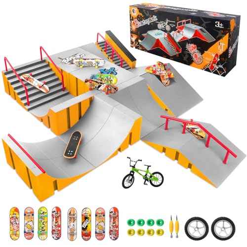 CS COSDDI Finger Skateboard Park Kits,Skateboard Finger Toys with 8 Finger Skateboards & 14 Skatepark Deck Ramp,1 Finger Bike for Unisex Gift,Mini Finger Skateboards Ramp Accessories Set £¨Yellow£©